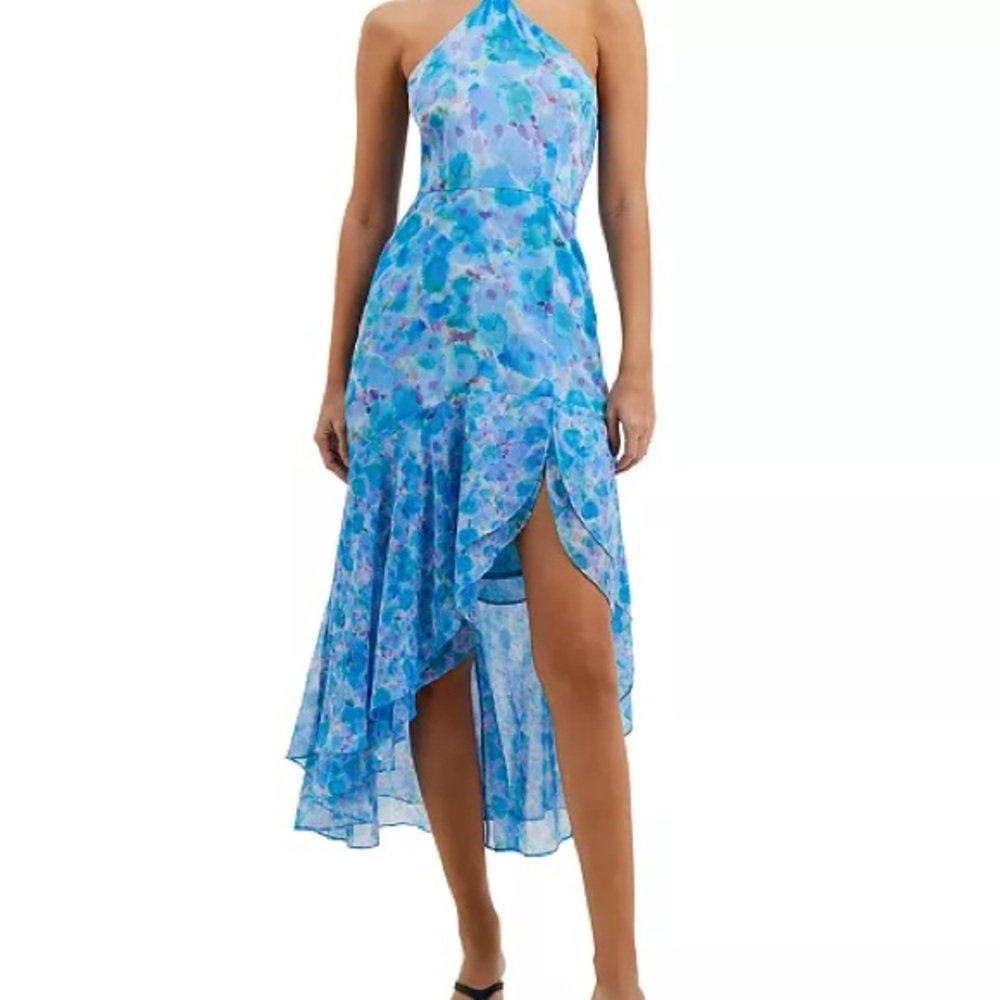 French Connection Greta Asymetrical High-Low Blue Floral Halter Dress NWOT Sz 6